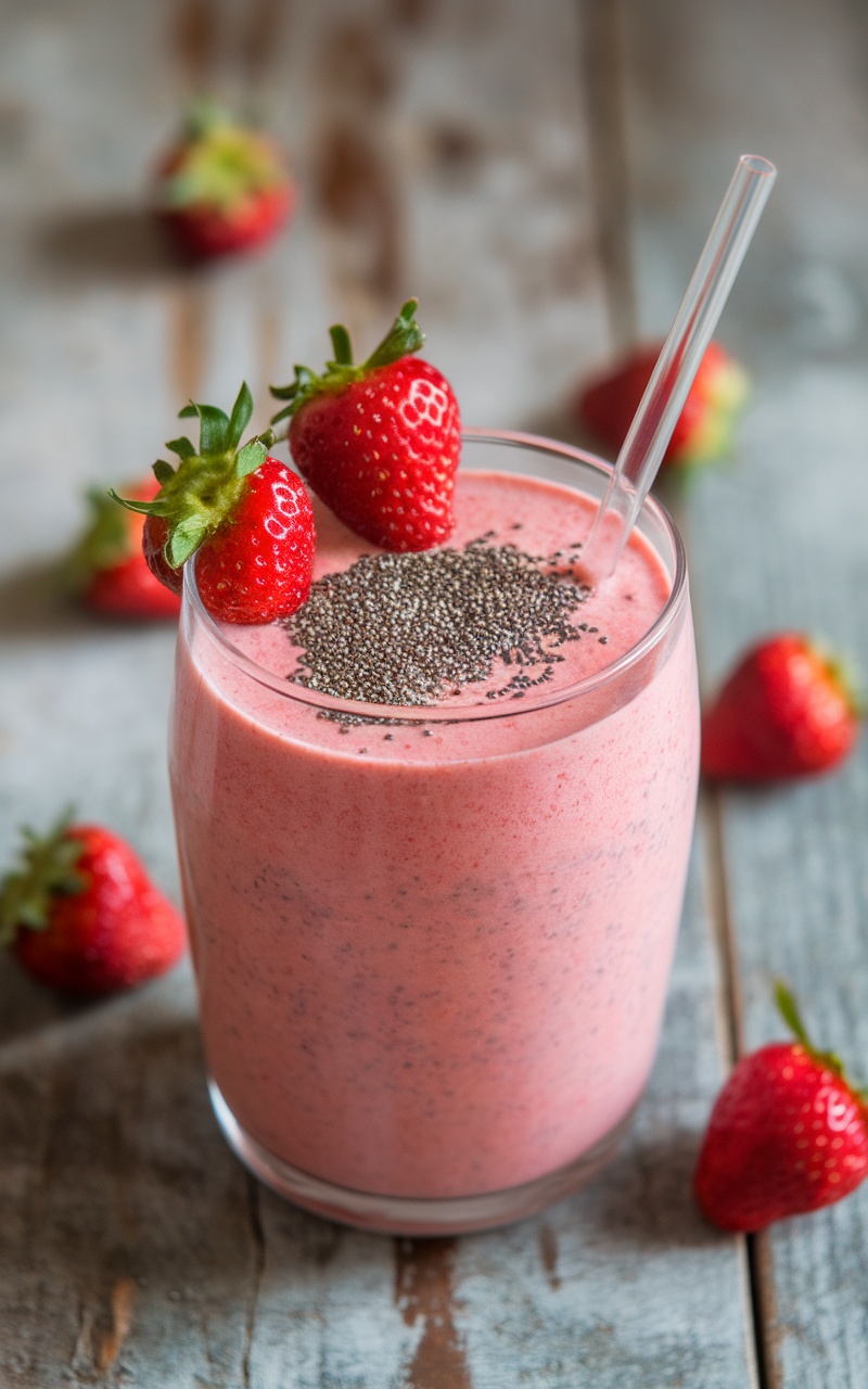 A delicious keto strawberry smoothie in a glass, garnished with strawberries and chia seeds on a wooden table.